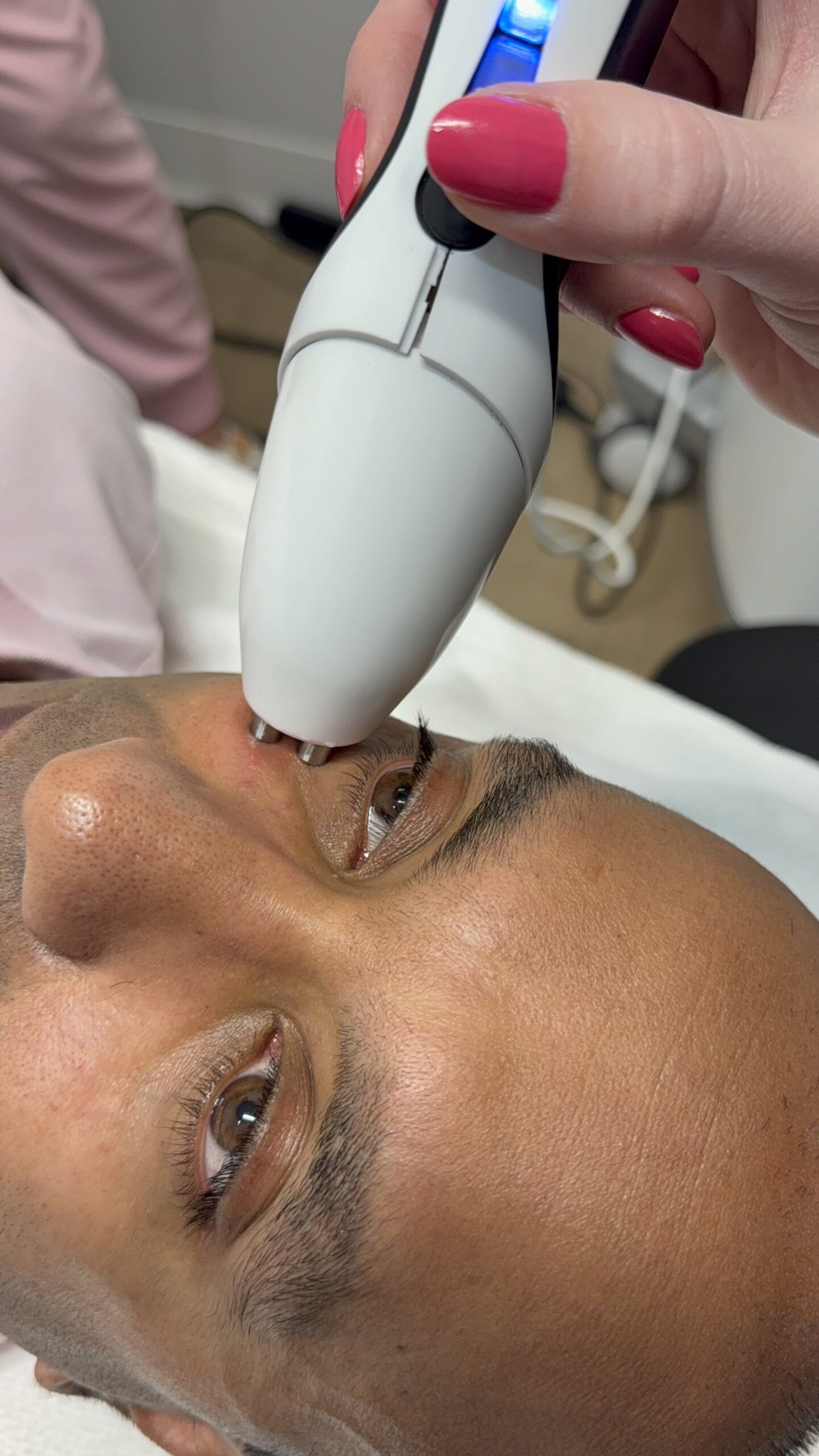 A close-up of a clear blue eye with long lashes, illustrating healthy ocular surface care and rejuvenation.